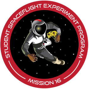 Terps in Space Mission 16 patch consisting of an astronaut floating in space and holding some black-eyed susans, the Maryland state flower
